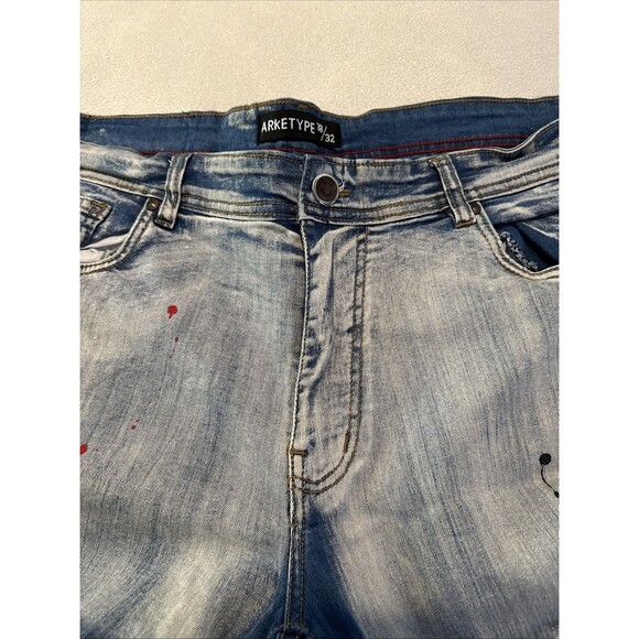 ArkeType Jeans Mens 38x32 Blue Acid Washed Dripped Ripped Distressed Stretch - Picture 8 of 16
